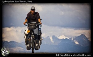 Cycling along lake Titicaca, Peru, by Harry Kikstra, on WorldOnaBike.com, from Alaska to Ushuaia on a bicycle